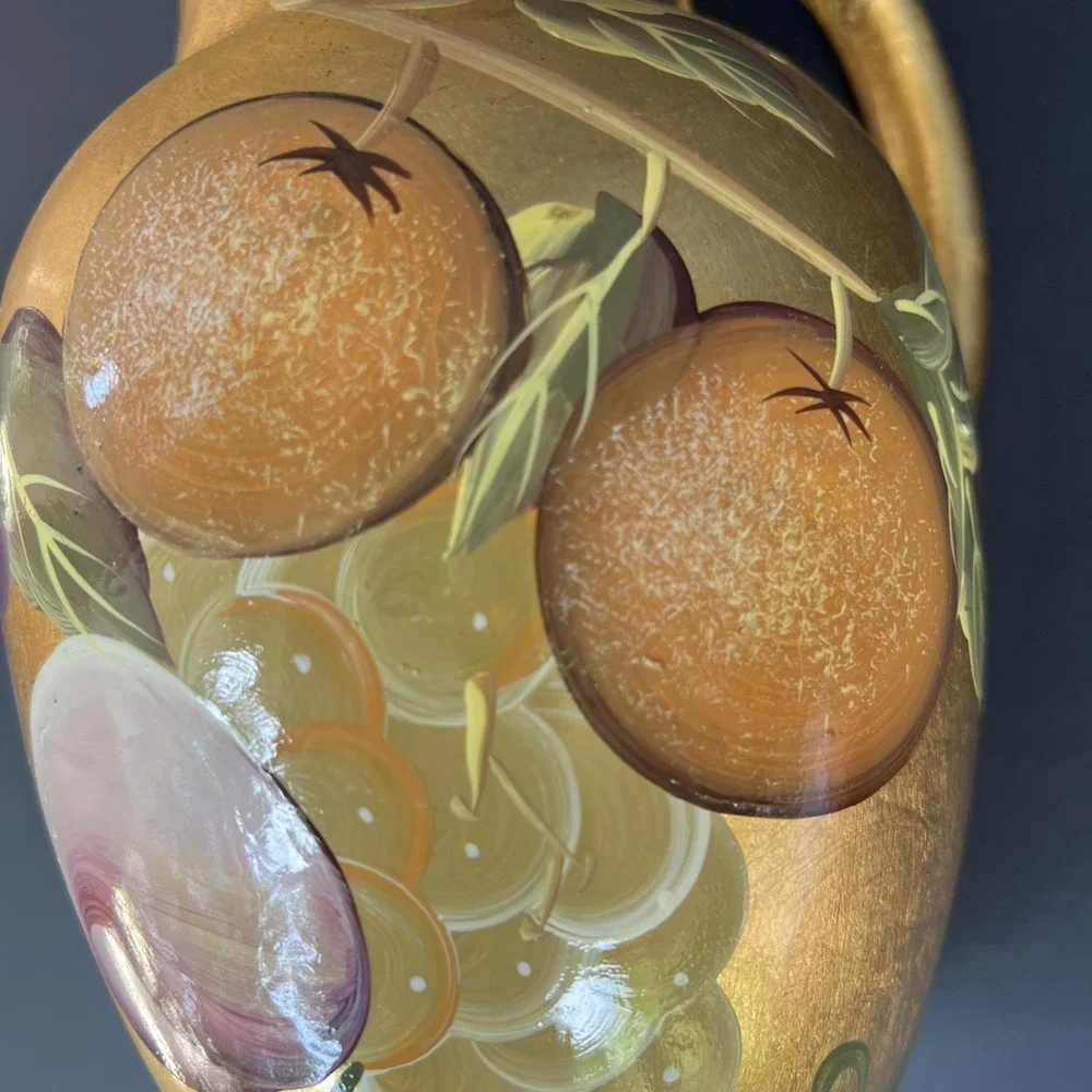 VTG Gold Gilt Hand Painted Fruit Pitcher Vase Stoneware Japan Style 9.5